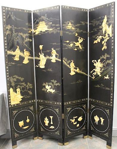 Antique 4 Panel Chinoiserie Decorated Lacquered