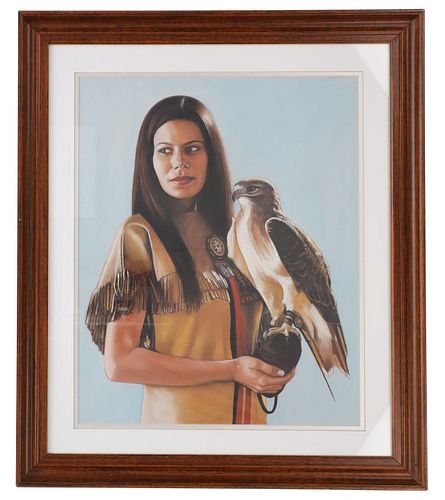 Framed Pastel of Native American Woman And Hawk