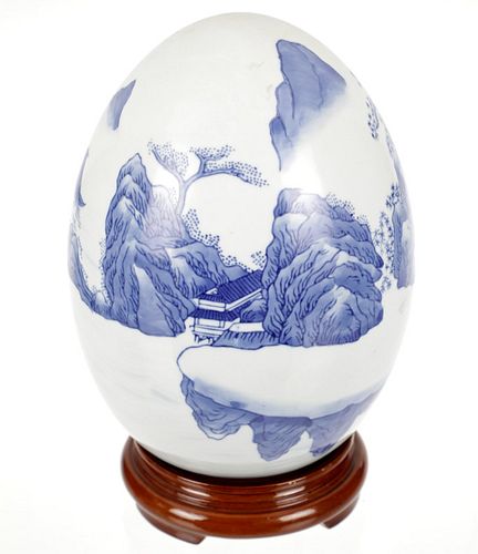 Large Blue & White Chinoiserie Mt. Fugi Egg