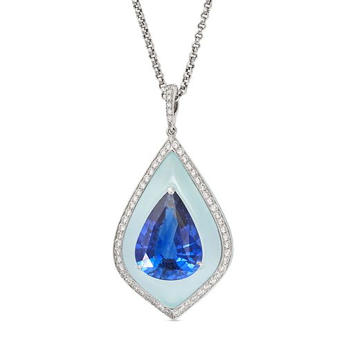 A SAPPHIRE, AQUAMARINE AND DIAMOND PENDANT NECKLACE in 18ct white gold, the pendant set with a pe...
