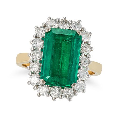 AN EMERALD AND DIAMOND CLUSTER RING in 18ct yellow gold, set with an octagonal step cut emerald o...