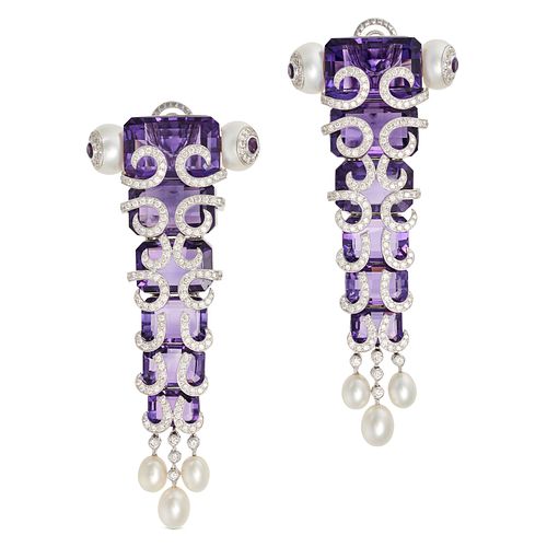 A PAIR OF AMETHYST, DIAMOND AND PEARL EARRINGS in 18ct white gold, each set with a graduated line...