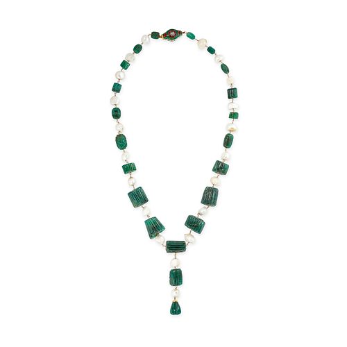 AN EMERALD, PEARL, DIAMOND AND ENAMEL NECKLACE comprising a row of alternating carved emeralds an...