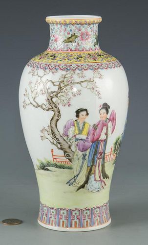 Famille Rose Rouleau Vase with Figural Decoration