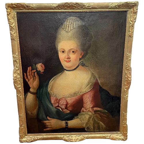  PORTRAIT OF COURT LADY IN PINK SILK DRESS HOLDING A ROSE OIL PAINTING