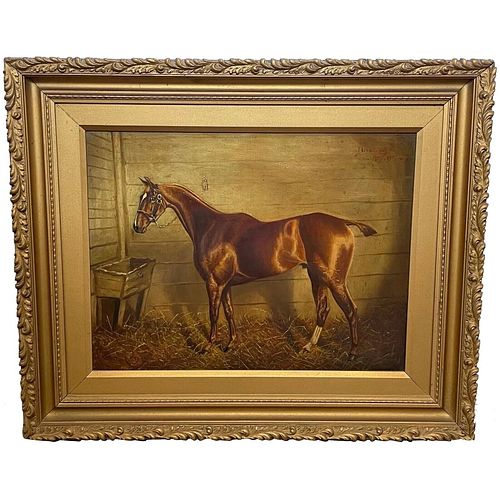  PORTRAIT OF "DREADNOUGHT" BAY HUNTER HORSE OIL PAINTING