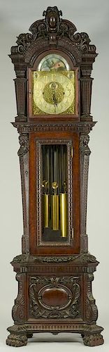 Tiffany Tall Case Clock w/ Carved Oak Case