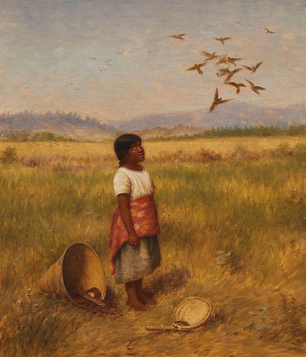 Grace Carpenter Hudson (1865-1937), A Pomo Indian girl looking up at a flock of birds, 1923, Oil on canvas, 17" H x 14" W