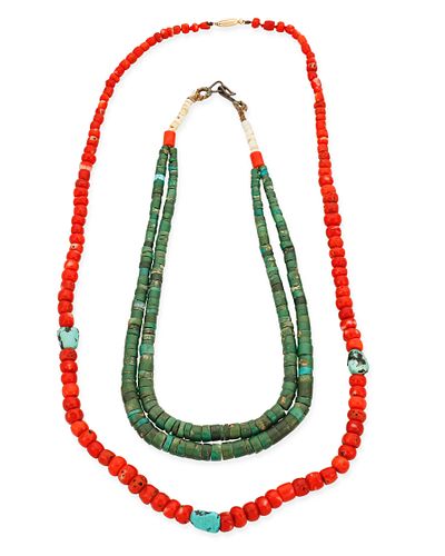Two Pueblo-style turquoise and coral bead necklaces