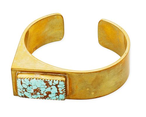 A Modernist Southwest-style brass and turquoise cuff bracelet