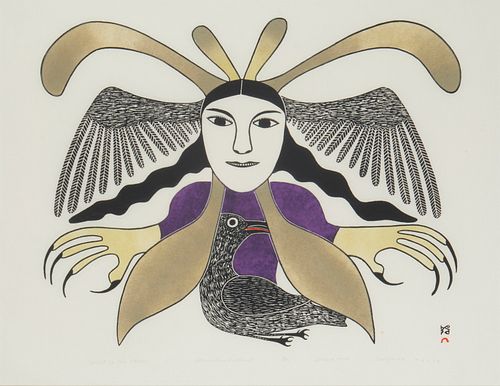Kenojuak Ashevak (1927-2013), "Spirit of the Raven," 1979, Stonecut and stencil in colors on paper, Sight: 21.25" H x 26.75" W