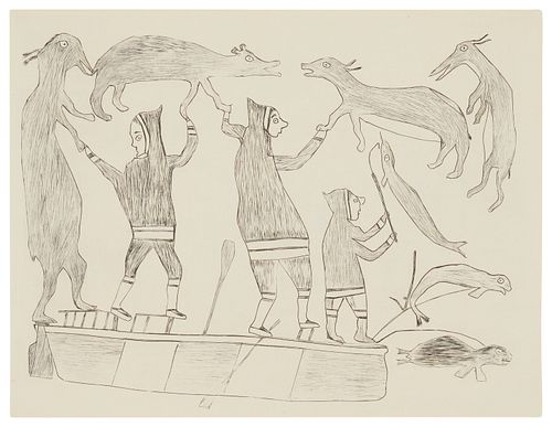 Keeakshook Kiakshuk (1886-1966), "Hunters, Umiak and Animals," 1962, Stonecut on cream-colored paper, Image/Sheet: 12.75" H x 17.75" W