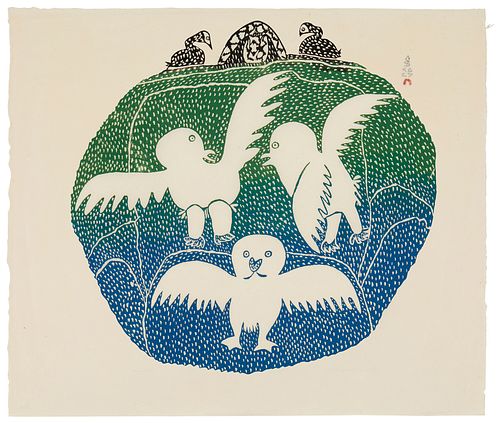 Pitseolak Ashoona (1904-1983) Inuit), "Owls in Spring Snow," 1972, Stonecut in colors on paper, Image/Sheet: 22" H x 24.5" H