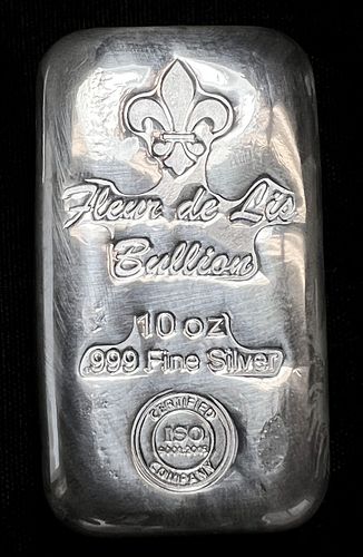 (1) 10 ozt .999 Fine Silver Fleur De Lis Bullion Bar