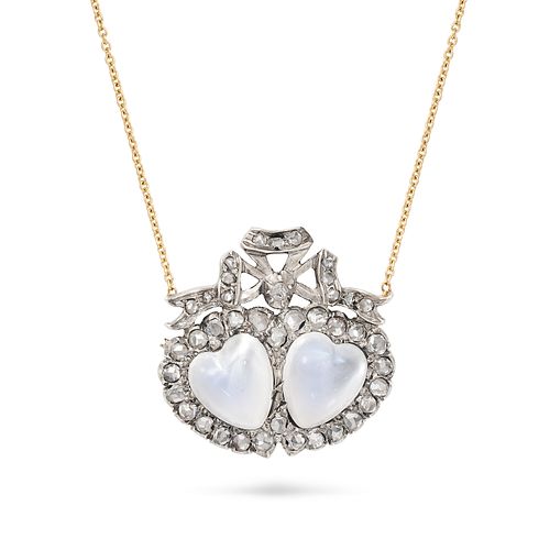 AN ANTIQUE VICTORIAN MOONSTONE AND DIAMOND SWEETHEART PENDANT NECKLACE in yellow gold and silver,...