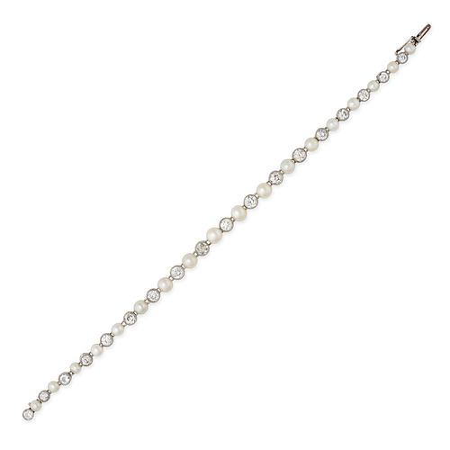 A VINTAGE NATURAL PEARL AND DIAMOND BRACELET, 1940S in platinum, set with a row of alternating pe...