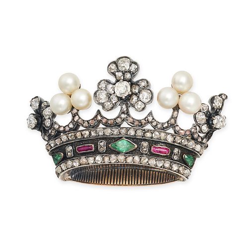 AN ANTIQUE FRENCH GEMSET MARQUESS CROWN BROOCH in 18ct yellow gold and silver, set with trios of ...