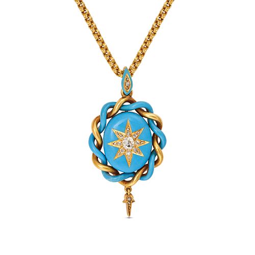 AN ANTIQUE DIAMOND AND ENAMEL STAR PENDANT NECKLACE in 15ct yellow gold, the oval pendant compris...