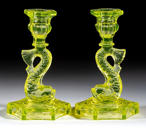 PRESSED DOLPHIN HEXAGONAL BASE PAIR OF CANDLESTICKS