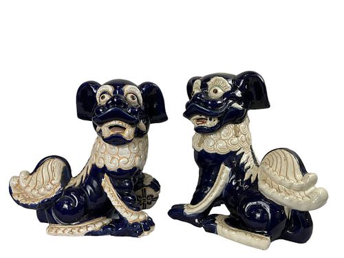 Pair Large Blue and White Porcelain Foo Dogs