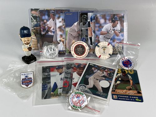 COLLECTION OF NEW YORK YANKEES BASEBALL CARDS PINS BOBBLEHEADS 