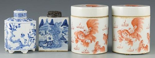 2 Chinese Porcelain Tea Caddies & 2 Porcelain Jars