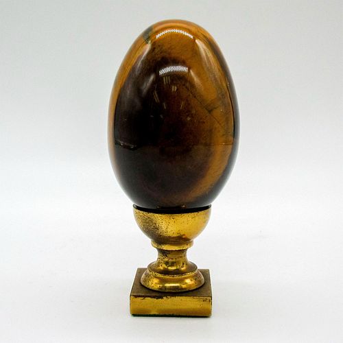 Vintage Carved Tigers Eye Stone Egg + Brass Stand