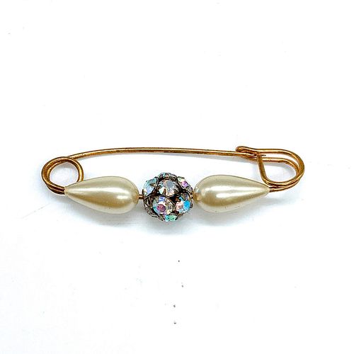 Vintage Gold Tone Rhinestone Ball and Faux Pearl Safety Pin