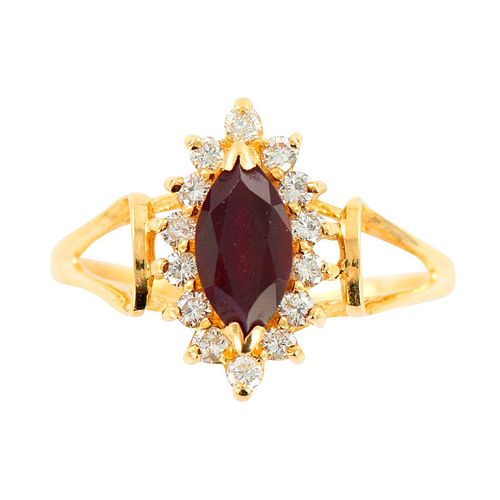 Marquise Cut Red Garnet Surrounded by Diamonds Ring, 14K