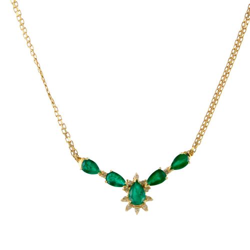 Delicate Emeralds and Diamonds 14K Yellow Gold Necklace