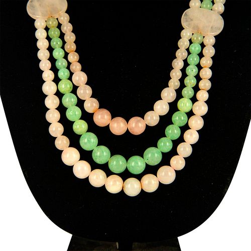 Vintage Apple Green Jade and Pink Quartz Necklace