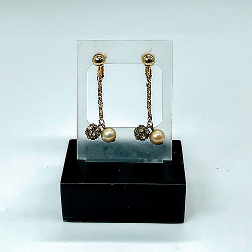 Bergere Gold Tone Rhinestone & Pearl Beads Clip On Earrings
