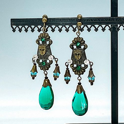 Egyptian Brass and Gemstone Chandelier Screw Back Earrings