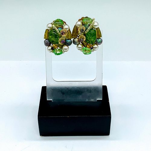 Green, Pearl, and Iridescent Bead Cluster Clip On Earrings