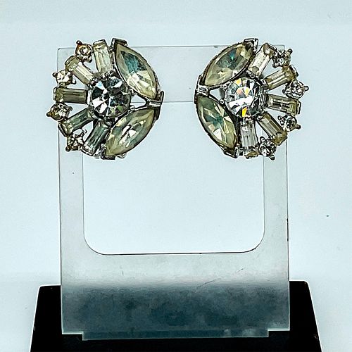 Retro Floral Silver Tone and Rhinestone Clip On Earrings