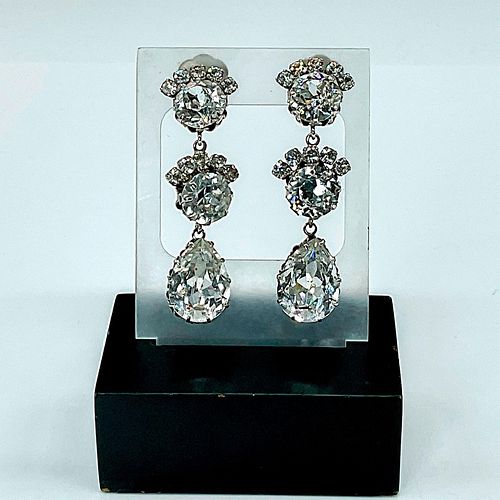 Vintage Dangling Silver Rhinestone Clip On Earrings