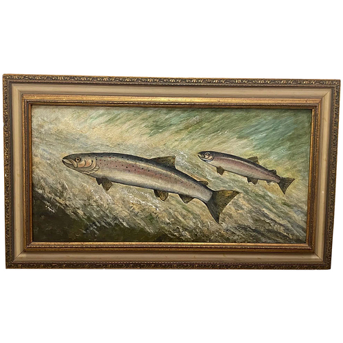 "2 SALMON LEAPING UPSTREAM IN THE RIVER" OIL PAINTING