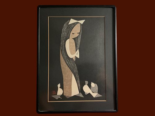 "Doves and Girl" by Kaoru Kawano (1926-1989, Japanese) Woodblock Print