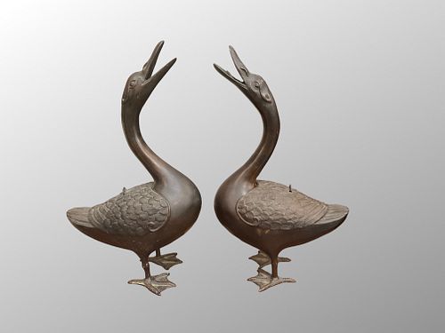 Pair of Bronze Goose Censers
