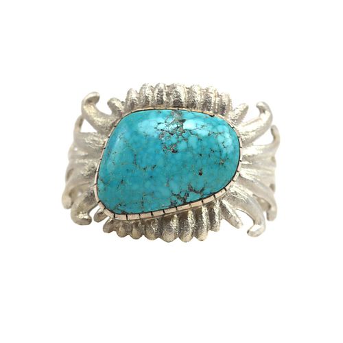 NO RESERVE - Lorenzo Shirley - Navajo, Turquoise and Silver Sandcast Bracelet c. 1990s, size 6 (J15690)