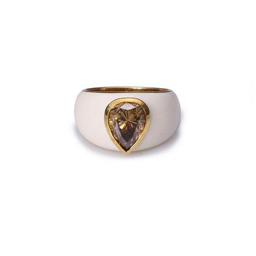 18k Yellow Gold Enameled & Cognac Diamond Ring