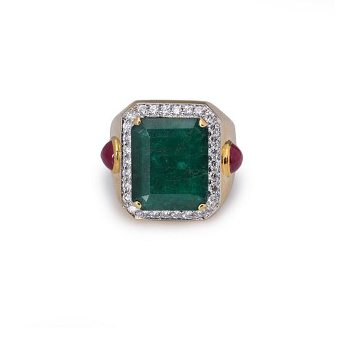Large 18k Yellow Gold Emerald Ruby & Diamond Ring By Victor Loo