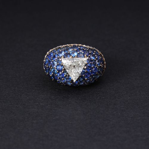 18k Yellow Gold Trillion Cut Diamond & Sapphire Ring by Carla Rici