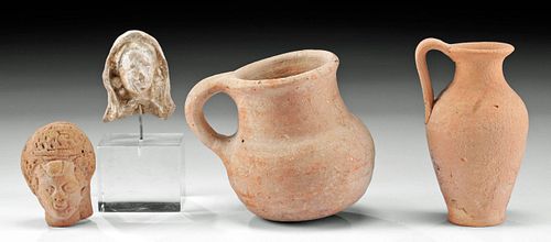2 Holyland Pottery Vessels + 2 Greek & Roman Heads