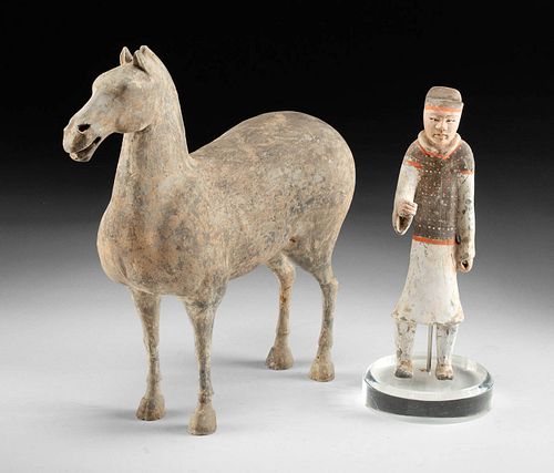 Chinese Han Dynasty Polychrome Horse and Groom