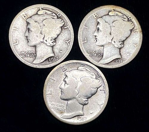 1917-P/D/S Mercury Silver Dimes (3-coins)