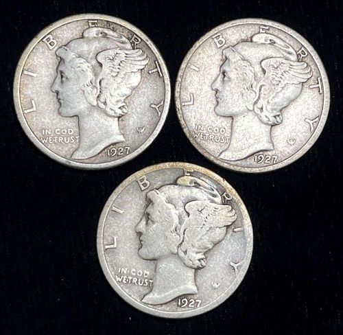 1927-P/D/S Mercury Silver Dimes (3-coins)