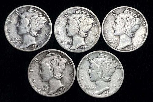 1930-1931-P/D/S Mercury Silver Dimes (5-coins)