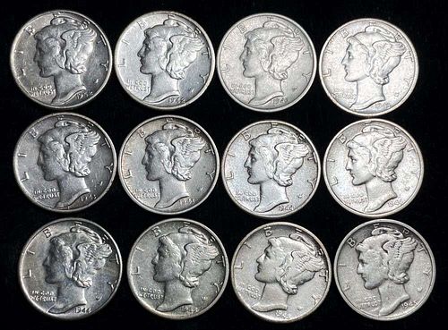 1942-1945-P/D/S Mercury Silver Dimes (12-coins)