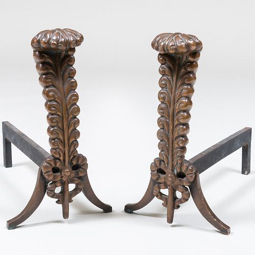 Pair of Art Moderne Stylized Leaf-Form Bronze and Wrought Iron Andirons  